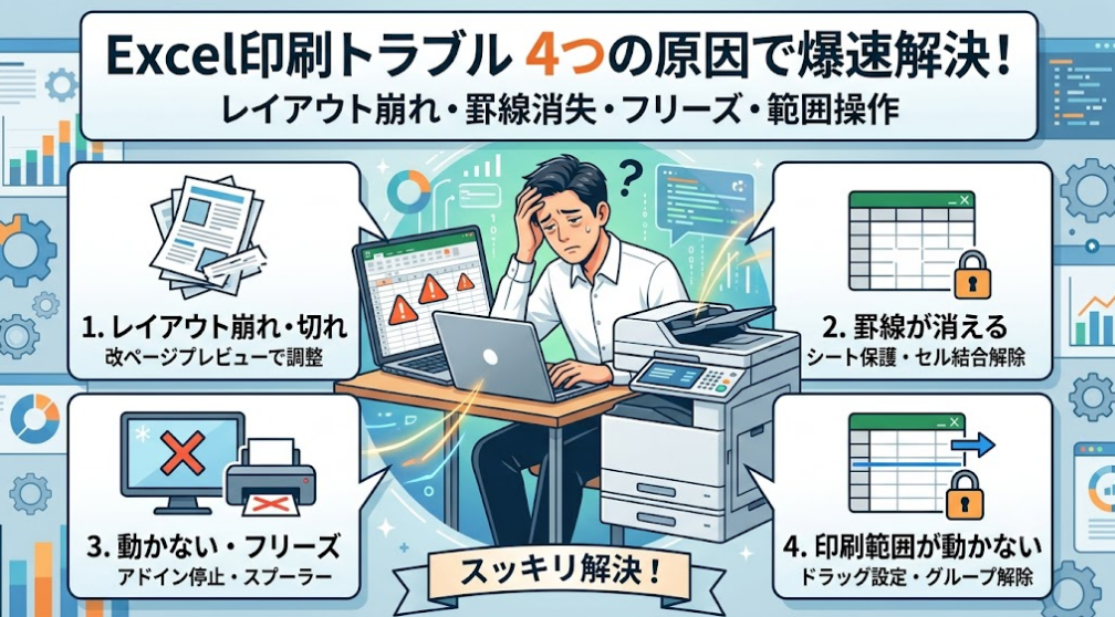 Excelの印刷トラブル（レイアウト崩れ、罫線消失、フリーズ、印刷範囲エラー）の4つの原因と解決策をまとめたサムネイル画像