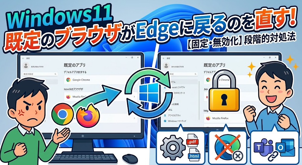 「Windows11 既定のブラウザがEdgeに戻るのを直す！」というタイトルと、設定が戻って怒る男性・設定を固定して喜ぶ男性を描いた図解サムネイル。