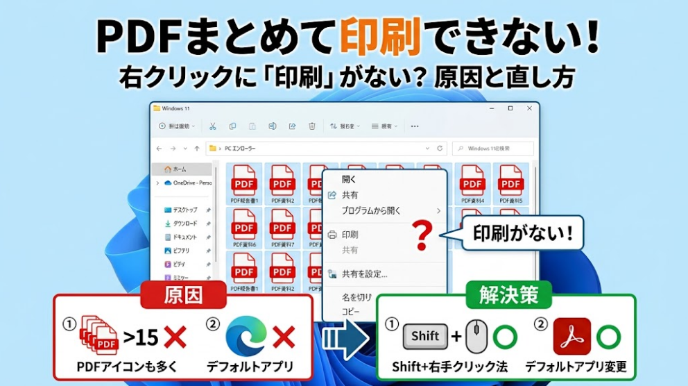 複数PDFの右クリックメニューから「印刷」が消える原因（15個以上の選択やEdgeの仕様）と、解決策（Shift＋右クリックや既定アプリの変更）を解説したアイキャッチ画像
