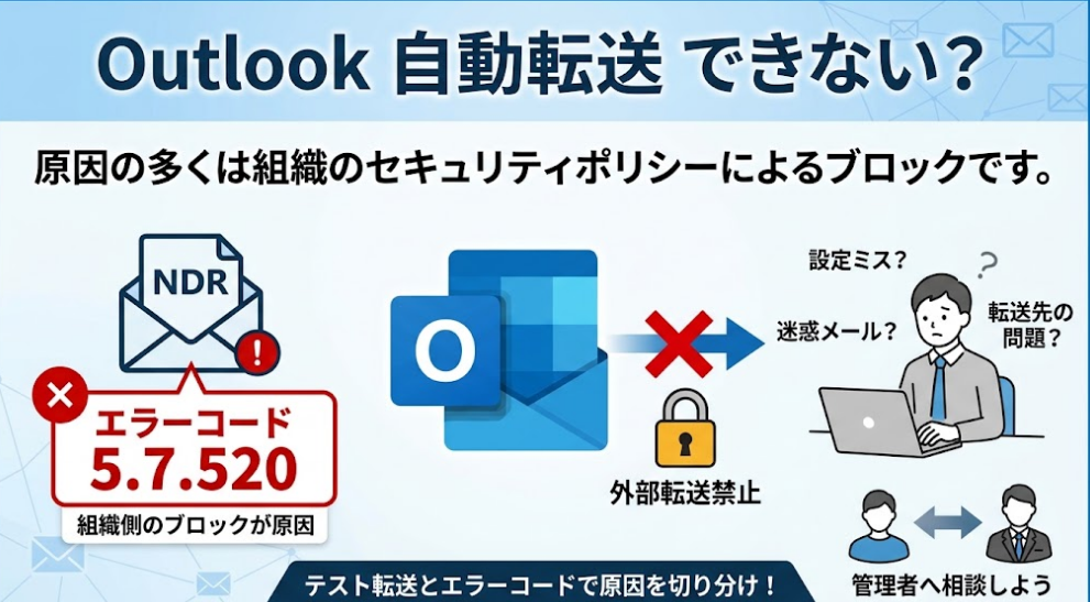 Outlookで自動転送できない原因と対処法を解説するサムネイル画像