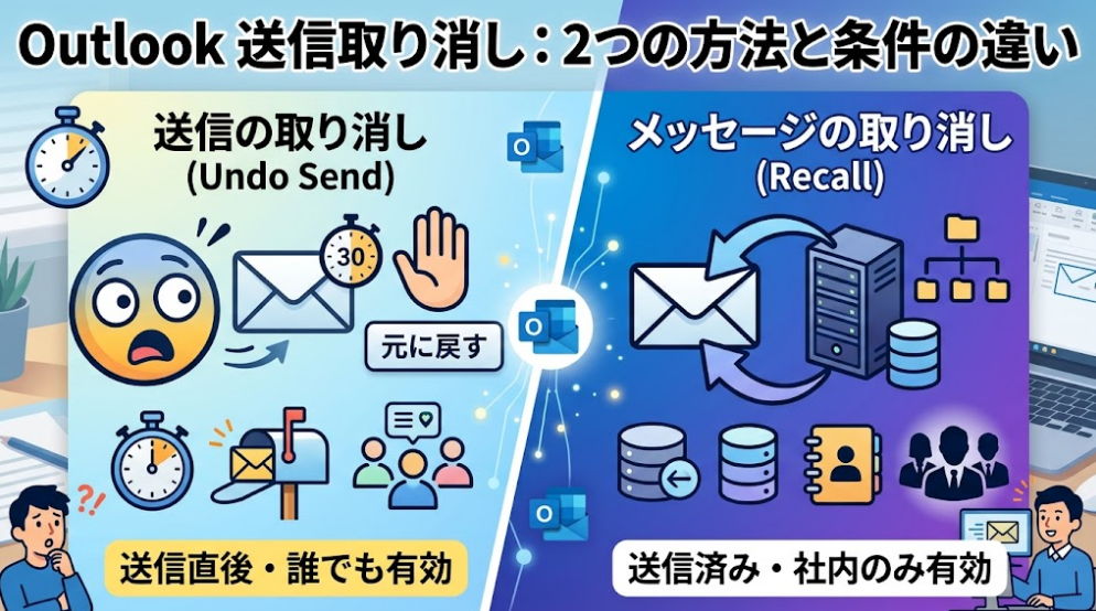 Outlookの送信取り消しに関する2つの方法「送信の取り消し (Undo Send)」と「メッセージの取り消し (Recall)」の違いを説明する、モダンで鮮やかなイラスト。上部には「Outlook 送信取り消し: 2つの方法と条件の違い」という大きな日本語の見出し。左側は「送信の取り消し (Undo Send)」セクションで、焦った顔のアイコン、封筒、ストップウォッチ、30秒のカウントダウン、ストップのジェスチャー、そして「元に戻す」ボタンが描かれ、下部には「送信直後・誰でも有効」と記載。右側は「メッセージの取り消し (Recall)」セクションで、サーバーラック、封筒、引き戻される矢印、組織図が描かれ、下部には「送信済み・社内のみ有効」と記載。中央の分割線はネットワークフローを表現し、全体に複数のOutlookアイコンが配置され、右下にはオフィスデスクでパソコンを操作する人物と、Outlook画面が表示されたデスクトップパソコンの背景。