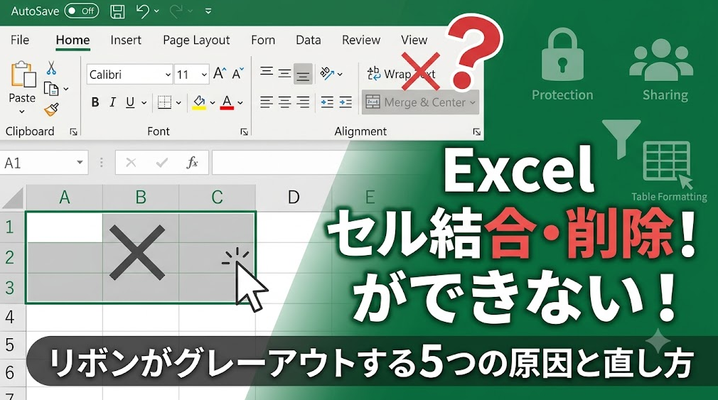 「Excel セル結合・削除ができない！リボンがグレーアウトする5つの原因と直し方」と書かれた解説記事のサムネイル画像