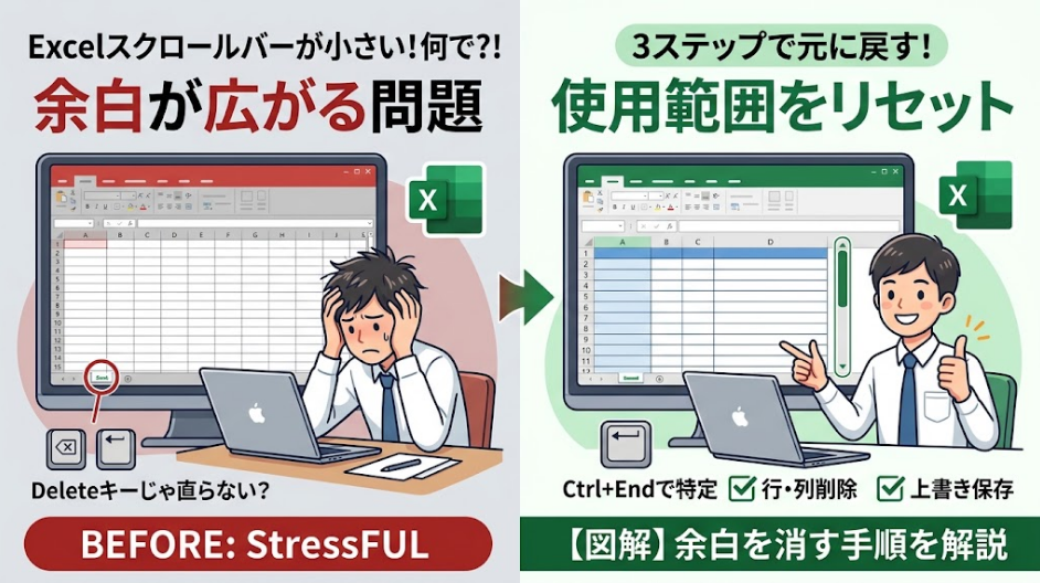 Excel（エクセル）のスクロールバーが小さくなる・余白が広がる問題の原因と、Ctrl+Endを使った3ステップの解決手順