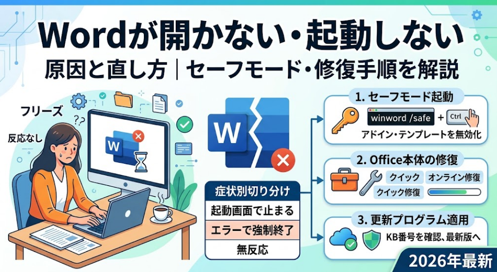 パソコンの前で困る女性と、Wordが開かない症状別の原因・セーフモードや修復などの対処法をまとめた図解