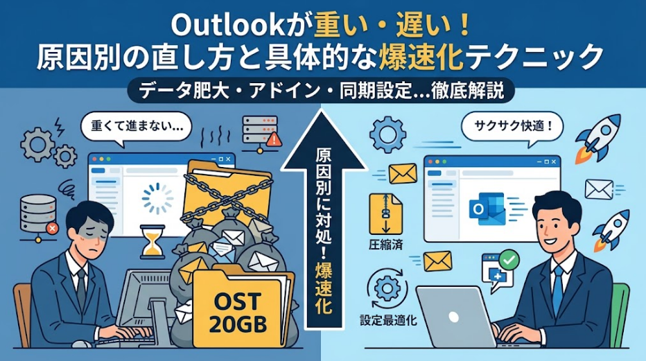 「Outlookが重い・遅い原因と直し方を徹底解説」というタイトルと、動作高速化を図るビジネスマン、および3つの原因（データファイル、アドイン、同期設定）を示すアイコンが描かれた、モダンなイラストのサムネイル画像。