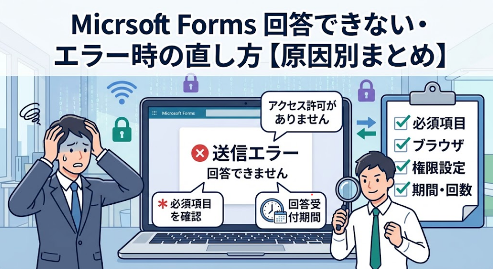 Microsoft Formsで回答できないエラーの原因と直し方を解説するサムネイル画像