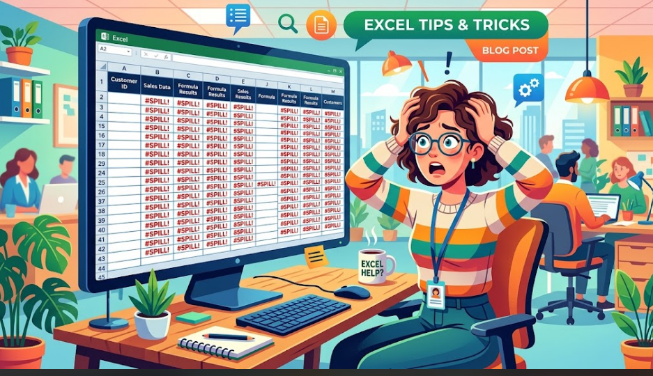 パソコンの画面にExcelの「#SPILL!」エラーが大量に表示され、頭を抱えて戸惑っている人物のイラスト