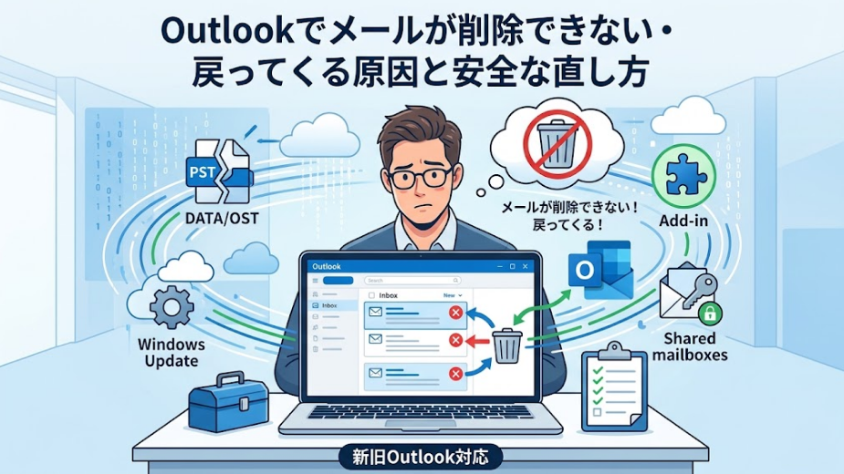 パソコンでOutlookのメールが削除できず、ゴミ箱から戻ってくるトラブルに悩む男性のイラスト