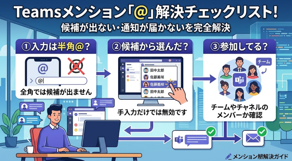 Teamsメンション「@」解決チェックリスト！半角入力や権限設定など候補が出ない時の対処法