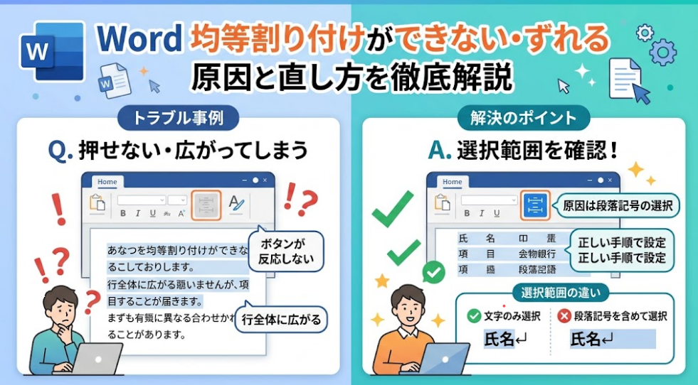 Wordの均等割り付けができない・ずれる原因と直し方を解説した図解。左側にボタンが反応しない・文字が行全体に広がるなどのトラブル事例、右側に段落記号を含めずに文字のみを選択する解決策が描かれています。