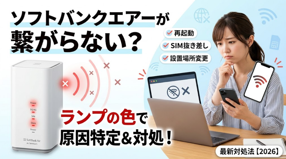 ソフトバンクエアー（Air Terminal 5）の通信トラブル（赤ランプ点灯）を解説する記事のサムネイル画像。困惑する女性がノートPCとスマホを前に、「ソフトバンクエアーが繋がらない？ ランプの色で原因特定＆対処！」という大きなテキストと、「再起動」「SIM抜き差し」「設置場所変更」のチェックリストが描かれている。