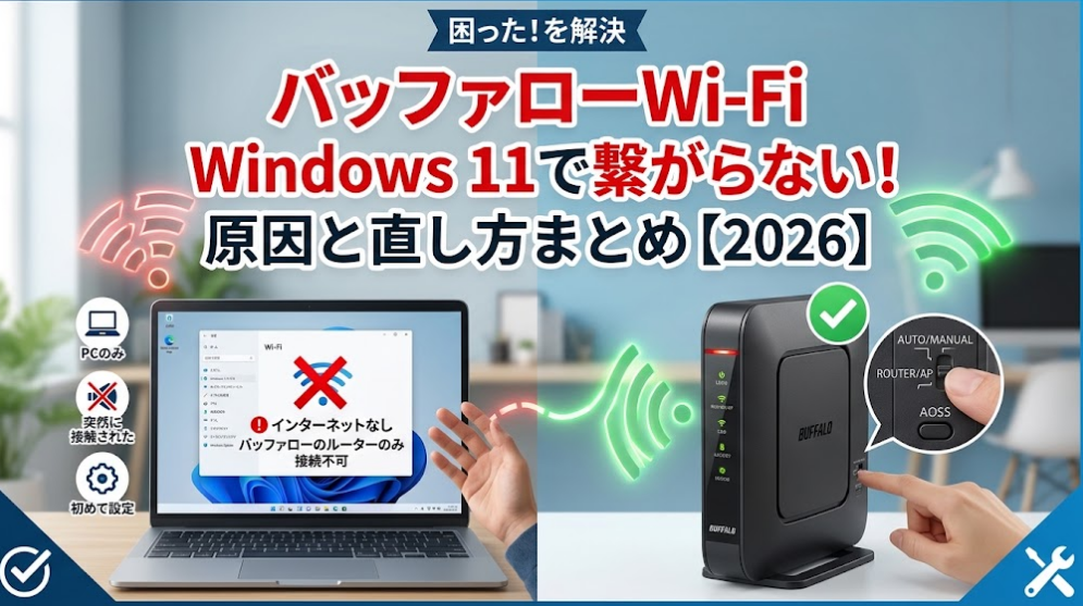 Windows11のパソコンとバッファロー製Wi-Fiルーターの接続トラブルを解決するアイキャッチ画像