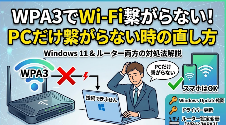 「WPA3でWi-Fi繋がらない！PCだけ繋がらない時の直し方」と書かれたサムネイル画像。Windows 11とルーター両方の対処法として、アップデートやドライバー更新などのポイントが記載され、頭を抱える男性と接続できないノートPC、問題なく繋がっているスマホのイラストが描かれています。