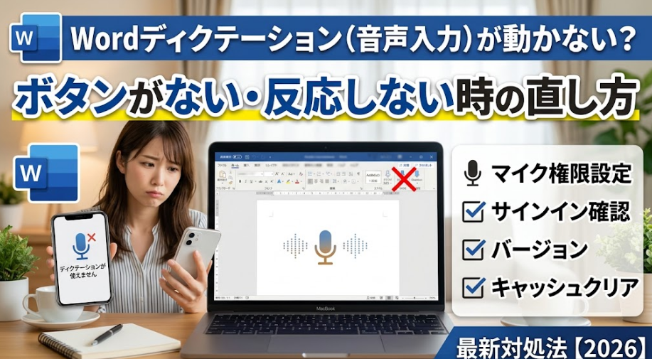 Wordのディクテーション（音声入力）機能が動かない、またはボタンがない・反応しない場合の解決策を解説した記事のサムネイル画像。ノートPCの前で困惑する女性とWordのロゴを中心に、「Wordディクテーション（音声入力）が動かない？ボタンがない・反応しない時の直し方」という大きな見出しや、マイク権限設定・サインイン確認などのチェックリストが配置されている。