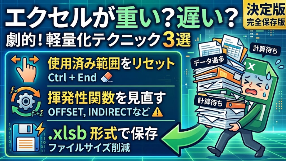 「エクセルが重い？遅い？」という悩みに対し、「決定版！完全保存版」として「劇的！軽量化テクニック3選」を紹介するYouTube風サムネイル画像。