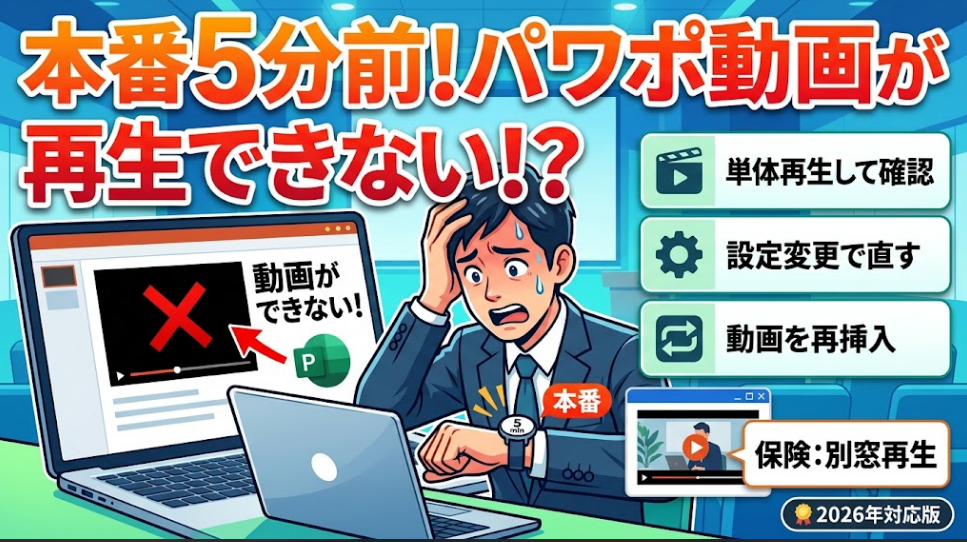 「本番5分前！パワポ動画が再生できない！？」というタイトルと、頭を抱えて焦る男性のイラスト、および4つの対処法（単体再生して確認、設定変更で直す、動画を再挿入、保険：別窓再生）がまとめられたサムネイル画像。