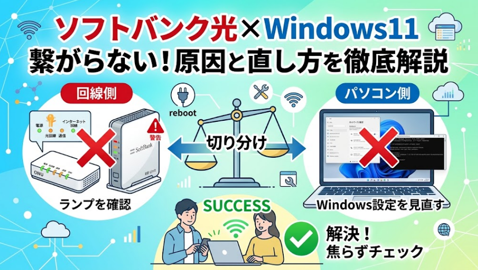 ソフトバンク光とWindows11が繋がらないトラブルについて、回線側（ONU・ルーター）とパソコン側の原因切り分けや解決手順を図解したサムネイル画像