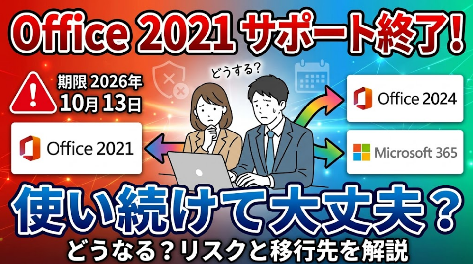 Office 2021のサポート終了と移行先を解説するサムネイル。上部に「Office 2021 サポート終了！」、下部に「使い続けて大丈夫？ どうなる？リスクと移行先を解説」という大きな文字。左側には「期限 2026年10月13日」と「Office 2021」のアイコン、右側には「Office 2024」と「Microsoft 365」のアイコンがあり、中央で不安そうにノートPCを見つめるビジネスパーソン（男女）から矢印が伸びています。全体的に警告を示す赤と新サービスを示す青・緑のグラデーション背景です。