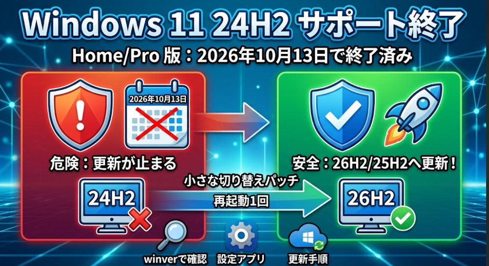 Windows 11 24H2サポート終了と26H2/25H2への更新手順を解説するサムネイル画像