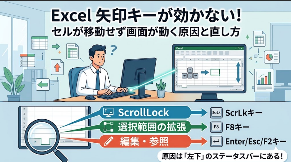 Excelで矢印キーが効かない・セルが移動せず画面が動く原因と、ステータスバーで確認する直し方（ScrollLock・選択範囲の拡張・編集・参照）を解説するサムネイル