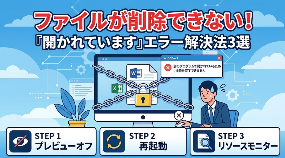 ファイルが削除できない『開かれています』エラー解決法3種をテーマにしたサムネイル画像。鎖でロックされたPC画面の前でスーツ姿の男性が困惑しており、下部にはSTEP1〜3の解決手順がアイコン付きで示されている。
