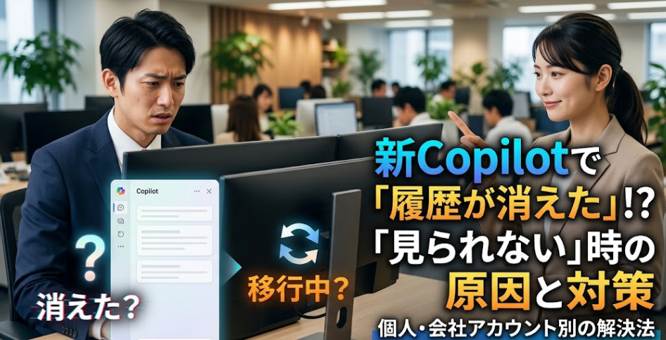 パソコンの前で悩む男性とアドバイスをする女性。新Copilotで「履歴が消えた」「見られない」時の原因と対策、個人・会社アカウント別の解決法という文字が書かれたサムネイル画像