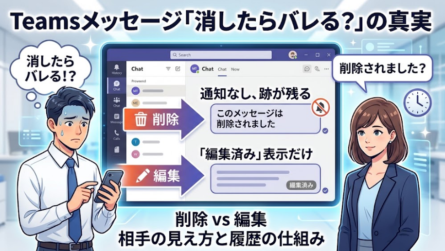 Teamsメッセージ「消したらバレる？」の真実。削除と編集における相手の見え方や履歴の仕組みを図解したサムネイル画像