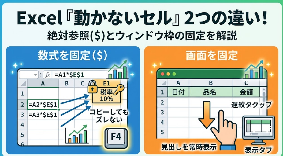 Excel「動かないセル」の2つの違いである「絶対参照（数式を固定）」と「ウィンドウ枠の固定（画面を固定）」を比較した図解