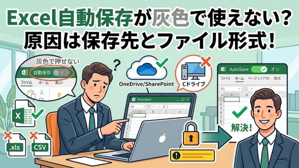xcelの自動保存が灰色で使えない原因と解決策を解説したアイキャッチ画像