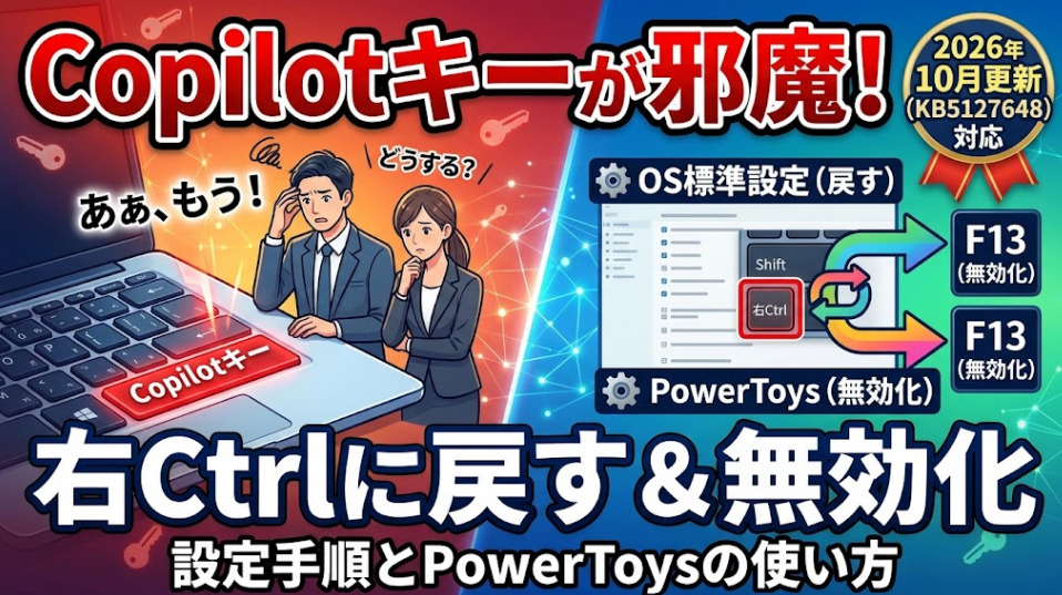 Copilotキーの割り当て変更を解説するサムネイル。上部に「Copilotキーが邪魔！」、下部に「右Ctrlに戻す＆無効化 設定手順とPowerToysの使い方」という大きな文字。左側には赤く強調されたCopilotキーと頭を抱えるビジネスパーソンのイラスト。右側には「OS標準設定（戻す）」で右Ctrlに変更する図と、「PowerToys（無効化）」でF13に割り当てて無効化する図解があります。右上には「2026年10月更新（KB5127648）対応」のバッジが配置されています。