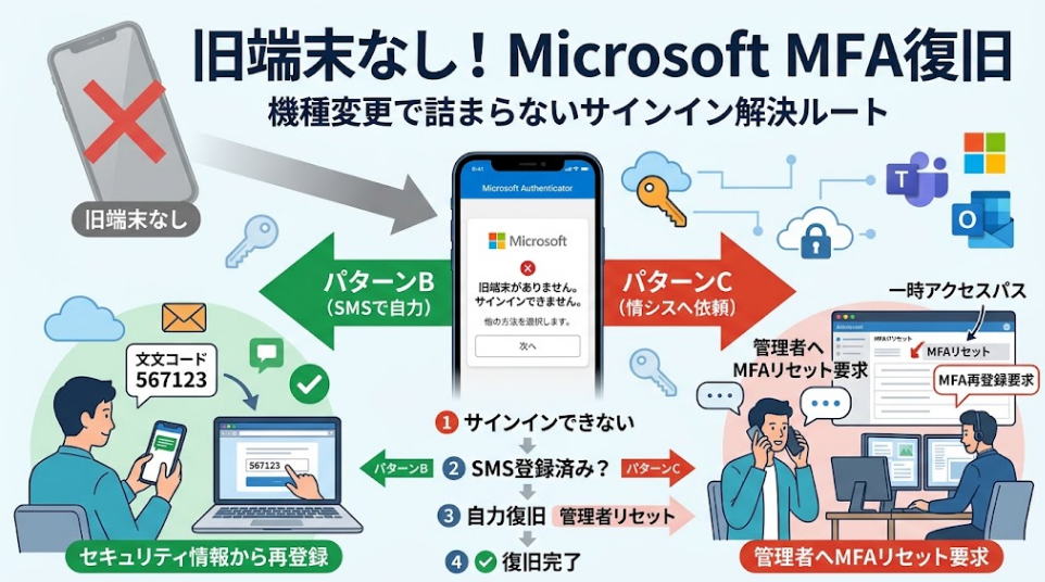 サムネイル画像のファイル名.jpg" alt="旧端末なしでMicrosoft AuthenticatorのMFAを復旧する方法を解説するサムネイル画像。パターンB（SMS自力復旧）とパターンC（情シス依頼）のルートを図解しています。