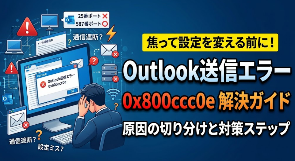 Outlook送信エラー 0x800ccc0e 解決ガイドのアイキャッチ画像