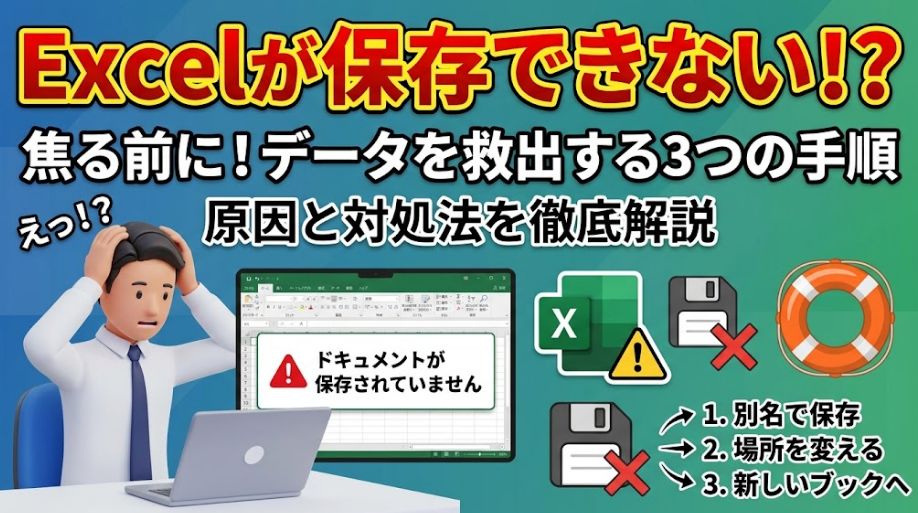 「Excelが保存できない！？焦る前に！データを救出する3つの手順」というタイトルと、保存エラーに焦る男性のイラストが描かれた記事のサムネイル画像