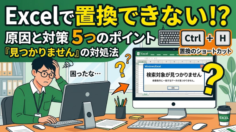 パソコンの前で頭を抱える男性と、「検索対象が見つかりません」のエラーダイアログが描かれた、Excelの置換トラブル解決記事のサムネイル画像